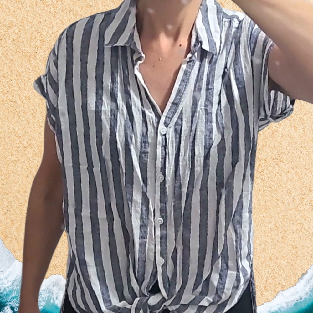 Beachlunchlounge Linen Blend Casual Knot Tie Front Striped Shirt‎ Tunic Sz M
